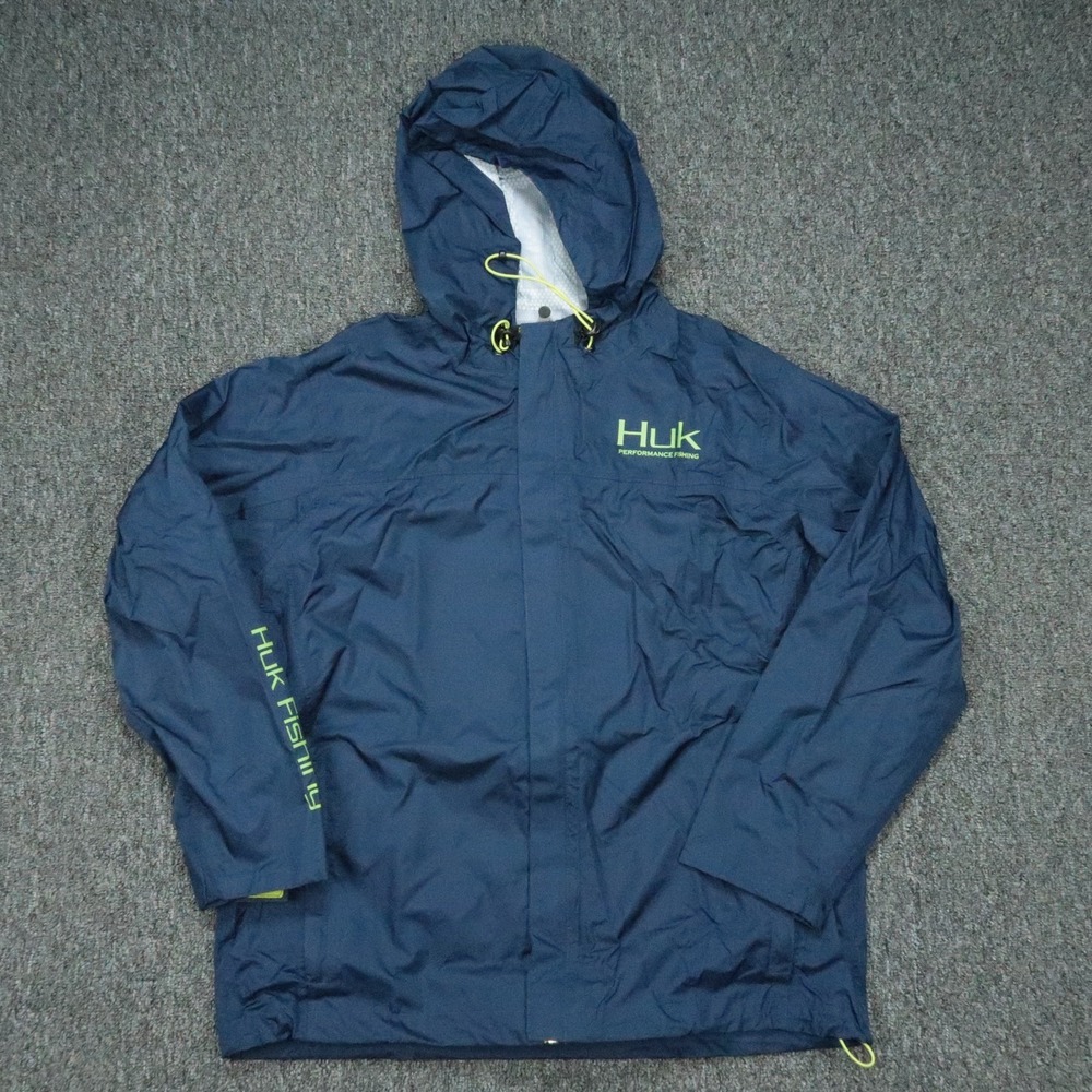 Huk Jacket Mens Medium Blue Fishing Waterproof Hooded Windbreaker Lined